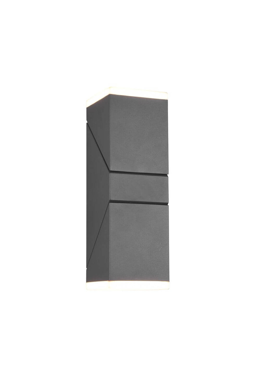 Vue rapprochée de l'applique murale anthracite, deux blocs carrés superposés.
