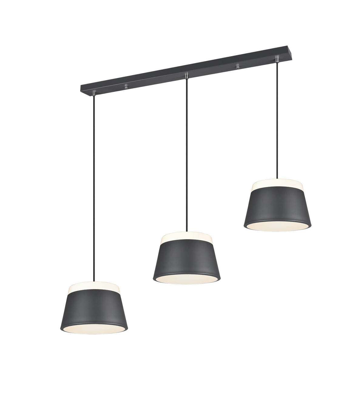 Suspension trois abat-jours tronconiques anthracite sur barre rectangulaire, vue de face