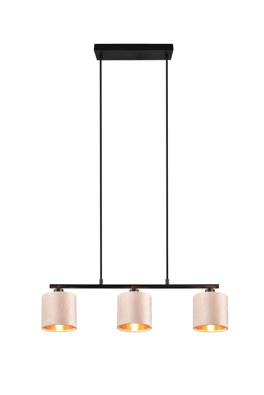 Vue de face sur fond blanc, trois lumières beige alignées et éclairées uniformément.