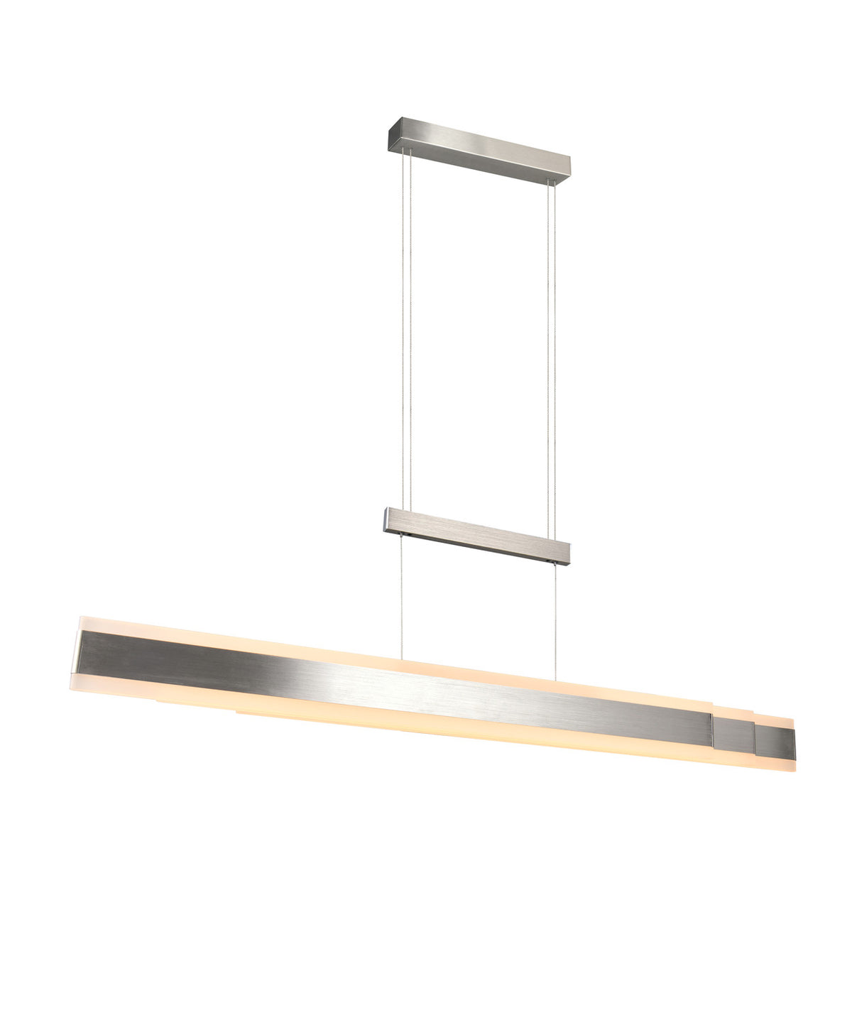 Vue de trois quarts avec éclairage allumé, suspension double câble et barre nickel.