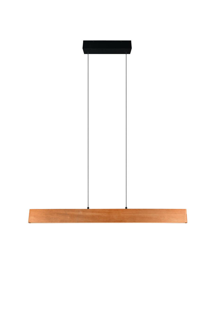 Vue de face de la suspension, bandeau en bois horizontal et support noir au plafond