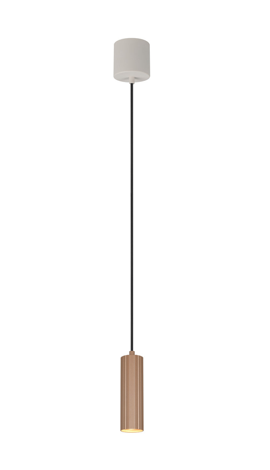 Vue rapprochée du luminaire suspendu, rosace blanche et long câble noir
