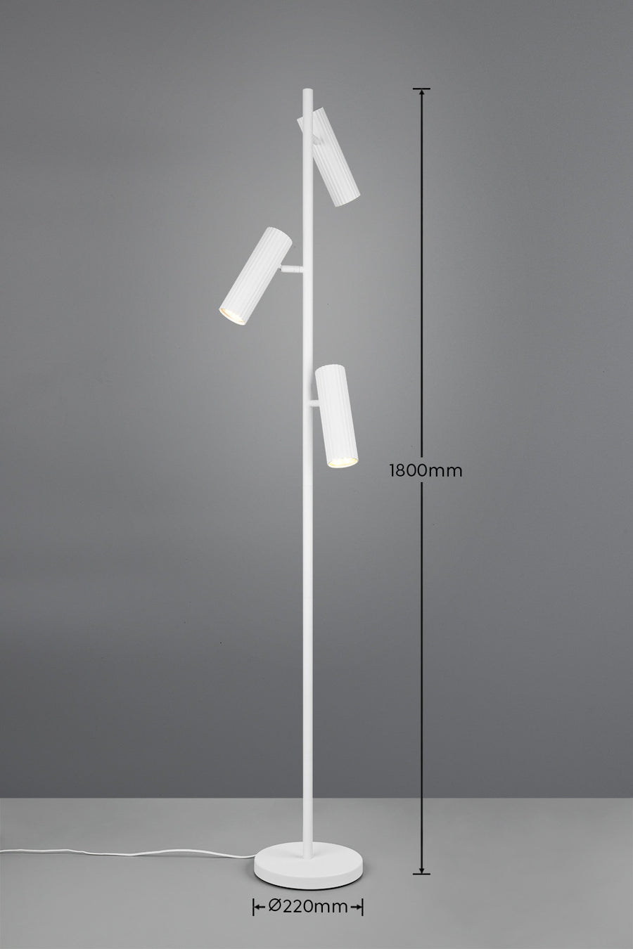 Schéma coté du lampadaire : hauteur 1800 mm et base de 220 mm.