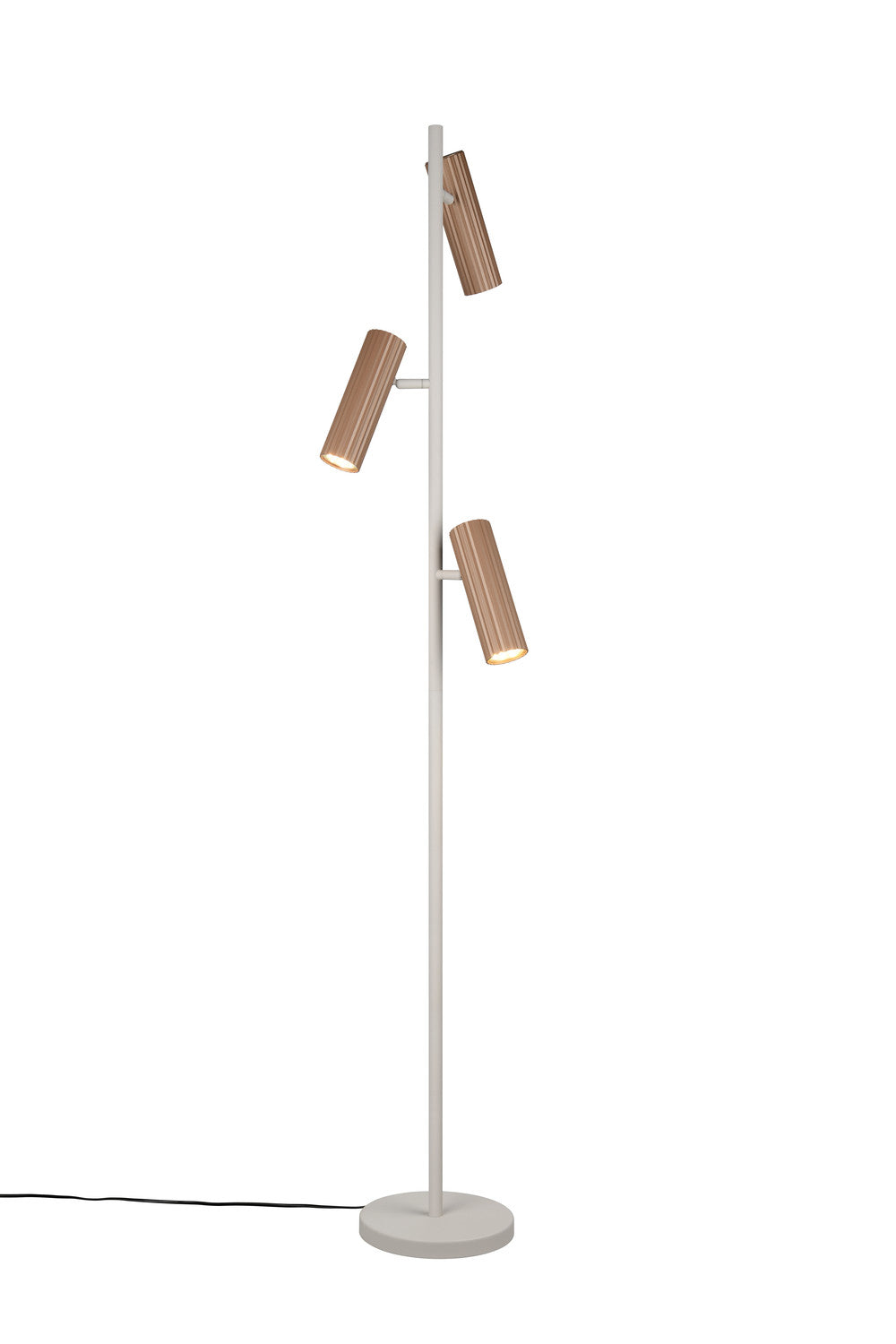 Lampadaire blanc à trois projecteurs cylindriques en bois strié, vue de face sur fond blanc