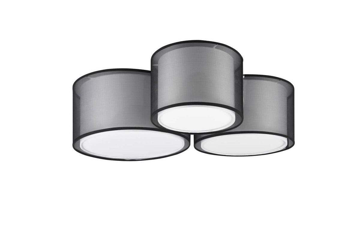 Même luminaire éteint sur fond blanc, abat-jours gris fumé et diffuseurs opale