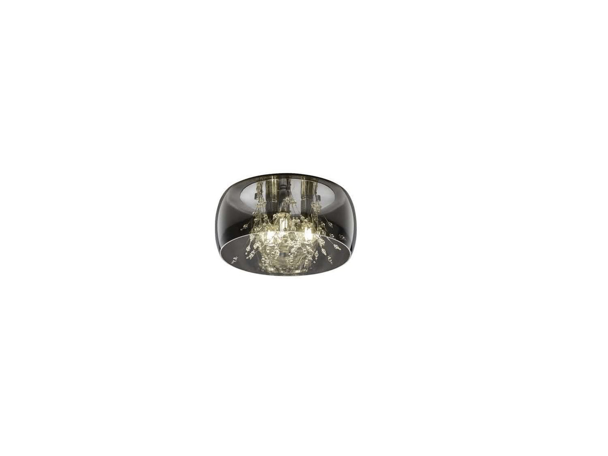 Produit seul sur fond blanc, plafonnier rond en verre et structure chromée