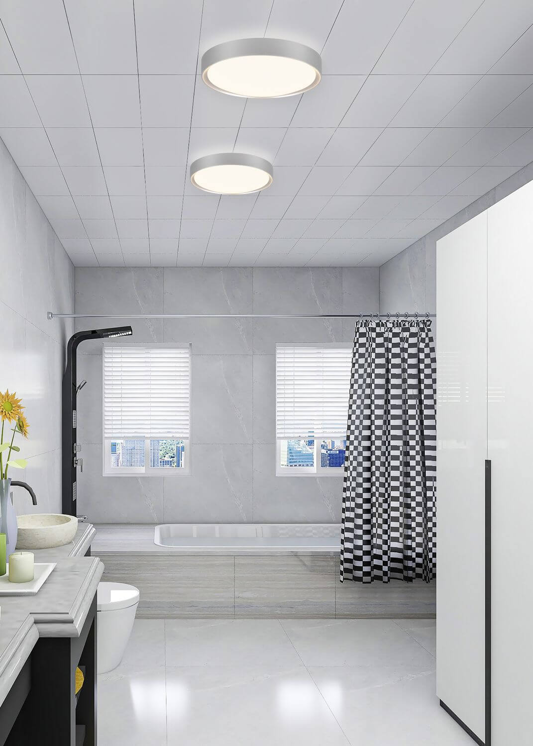 Mise en ambiance salle de bain moderne, deux plafonniers ronds allumés fixés au plafond