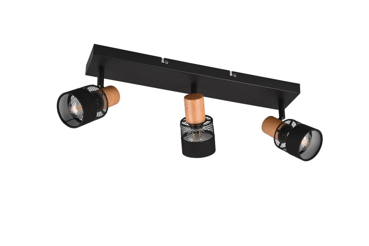 Produit éteint vu de biais, montrant ampoules, grilles métalliques et supports en bois.