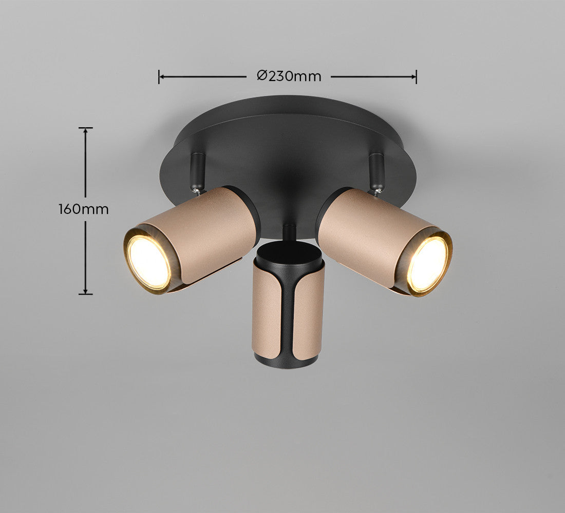 Schéma technique coté du spot plafonnier, diamètre 230 mm et hauteur 160 mm indiqués.
