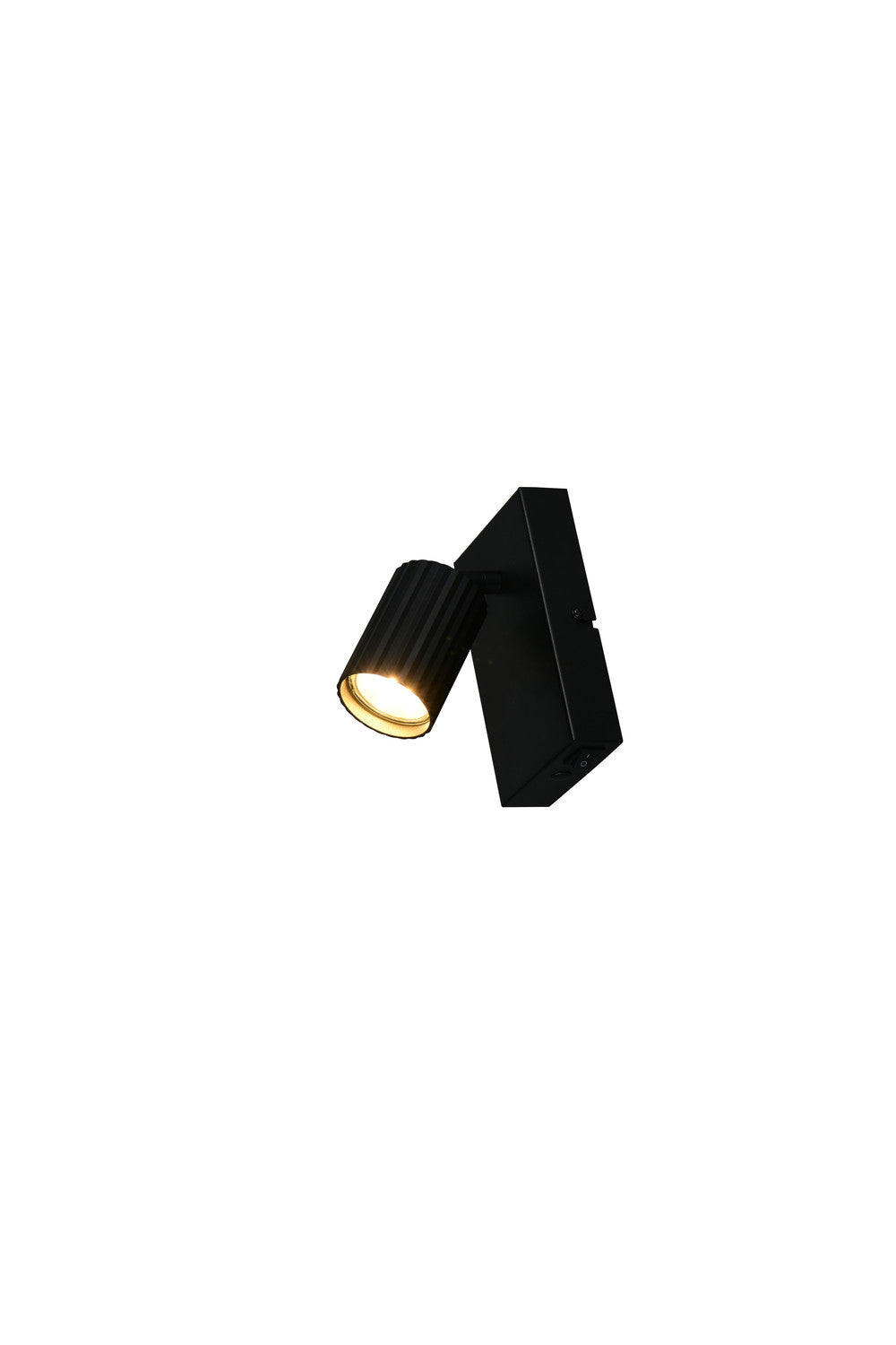 Vue de trois quarts du spot noir, tête cylindrique orientable et halo lumineux.