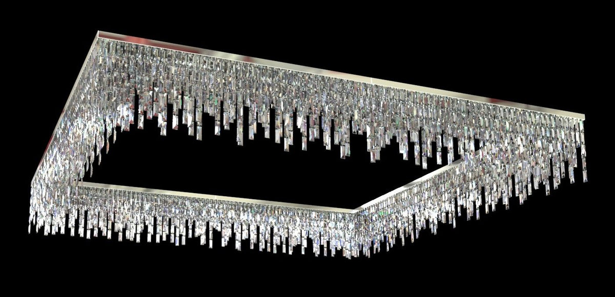 Vue plongeante du luminaire chromé, cadre ouvert et franges cristallines tombantes
