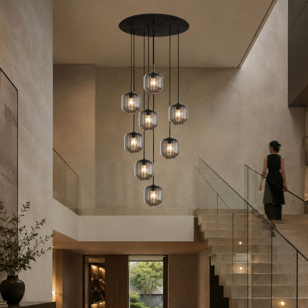 Suspension grande hauteur Velo 8 lumières, rosace Ø 80 cm, verres Ø 20 cm