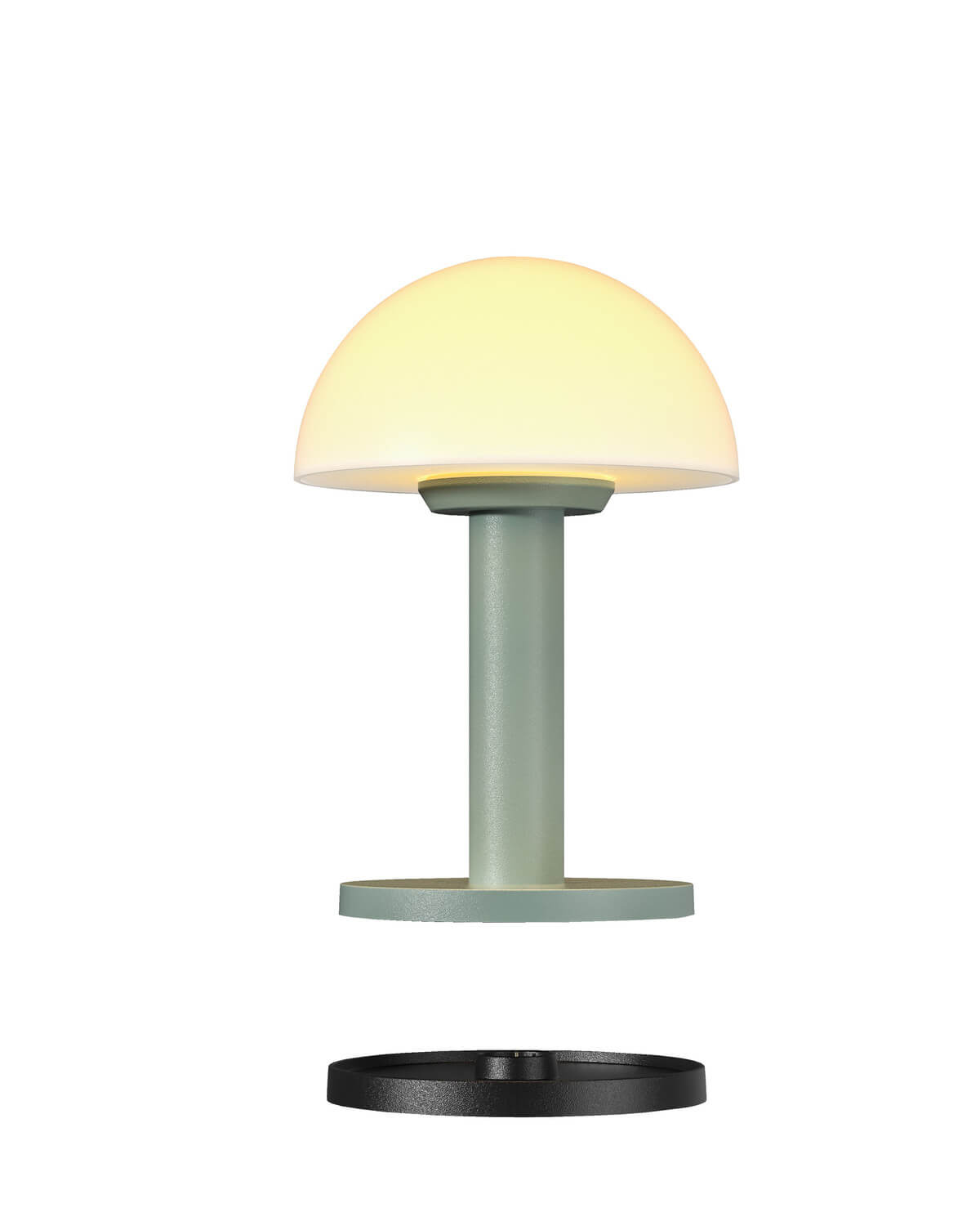 Vue éclatée de la lampe avec sa base et un anneau noir séparé.