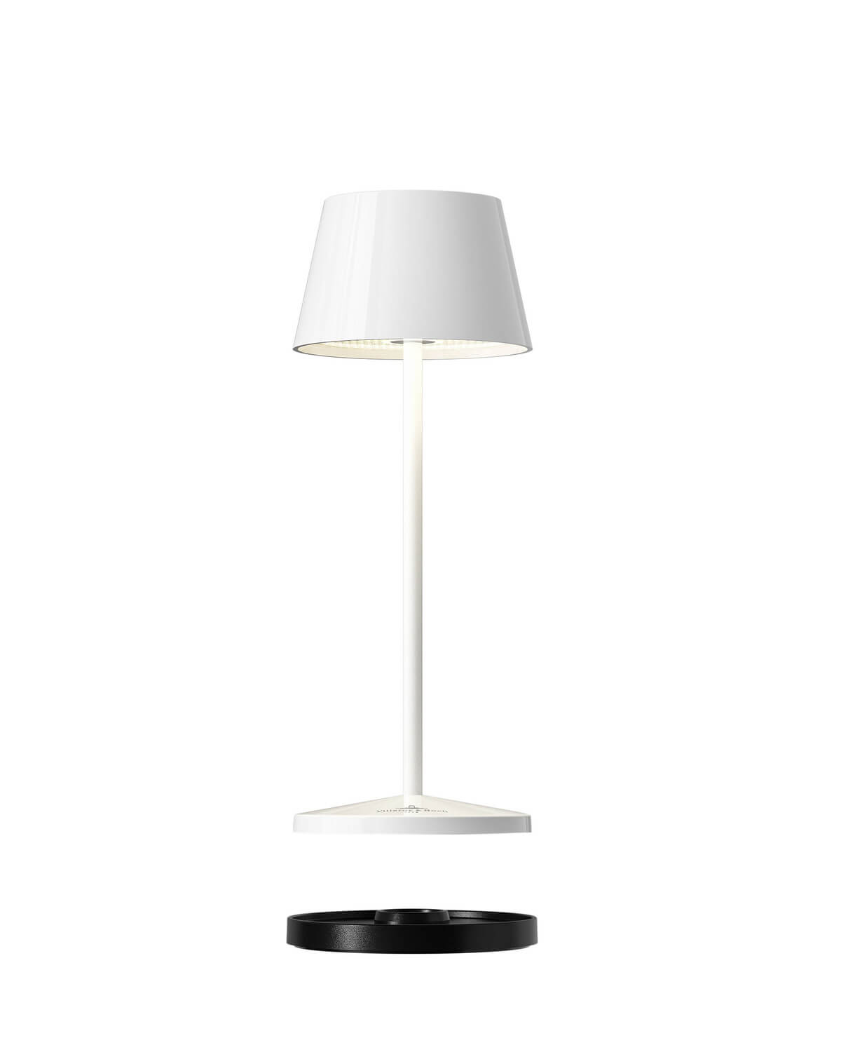 Lampe blanche et socle de recharge noir détaché, vue de face sur fond blanc.