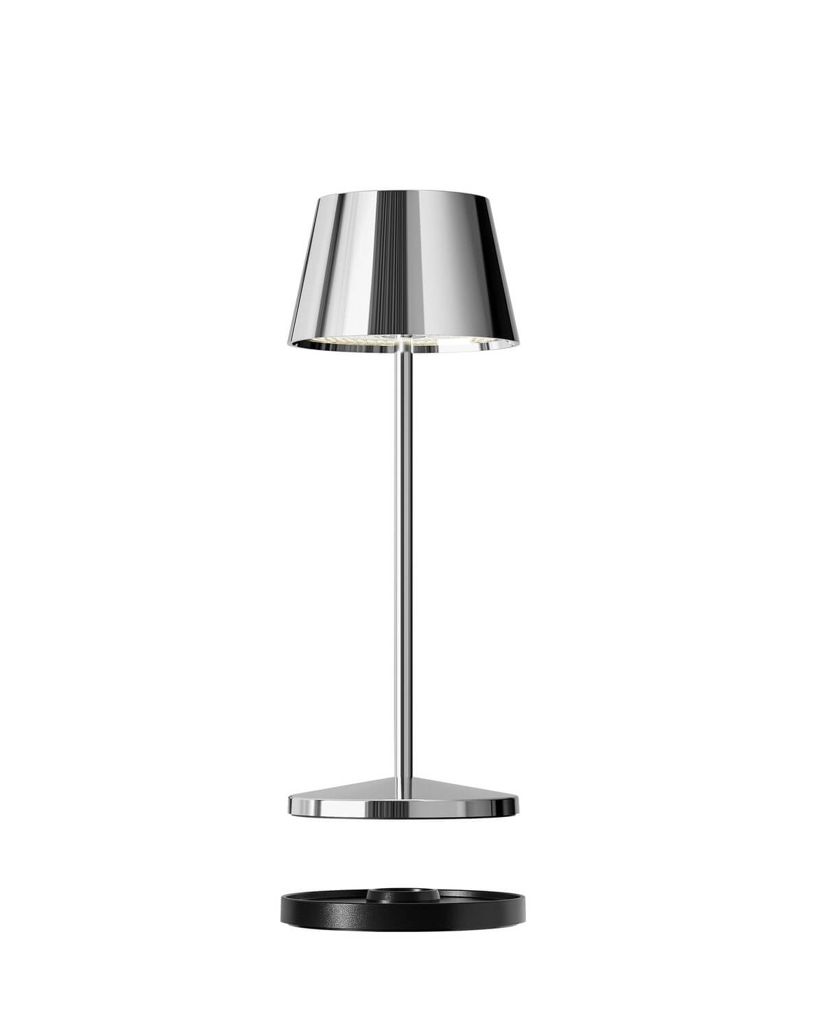 Vue de face de la lampe chromée et sa base de recharge noire séparée