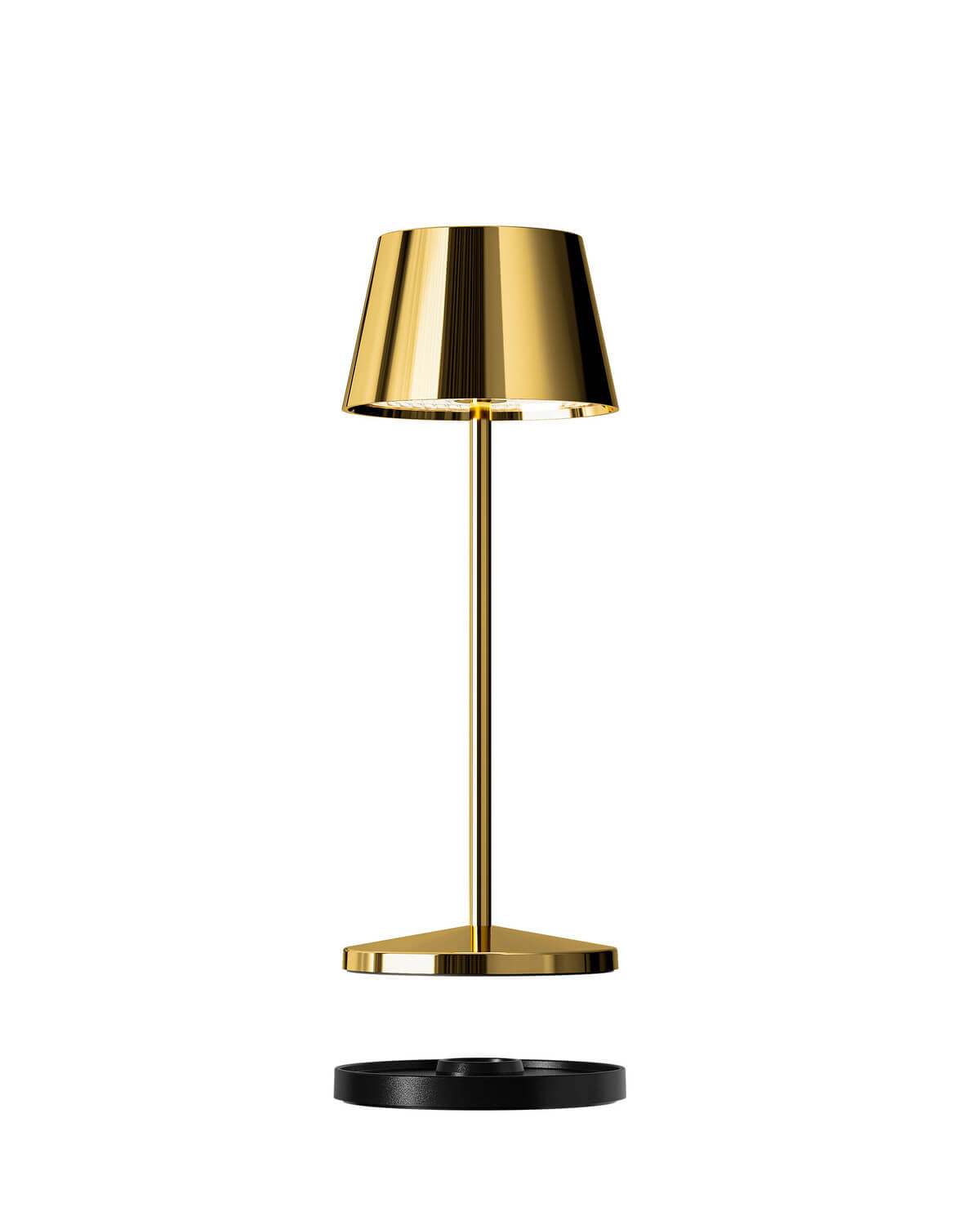 Lampe dorée vue de face avec base de recharge noire détachée en dessous