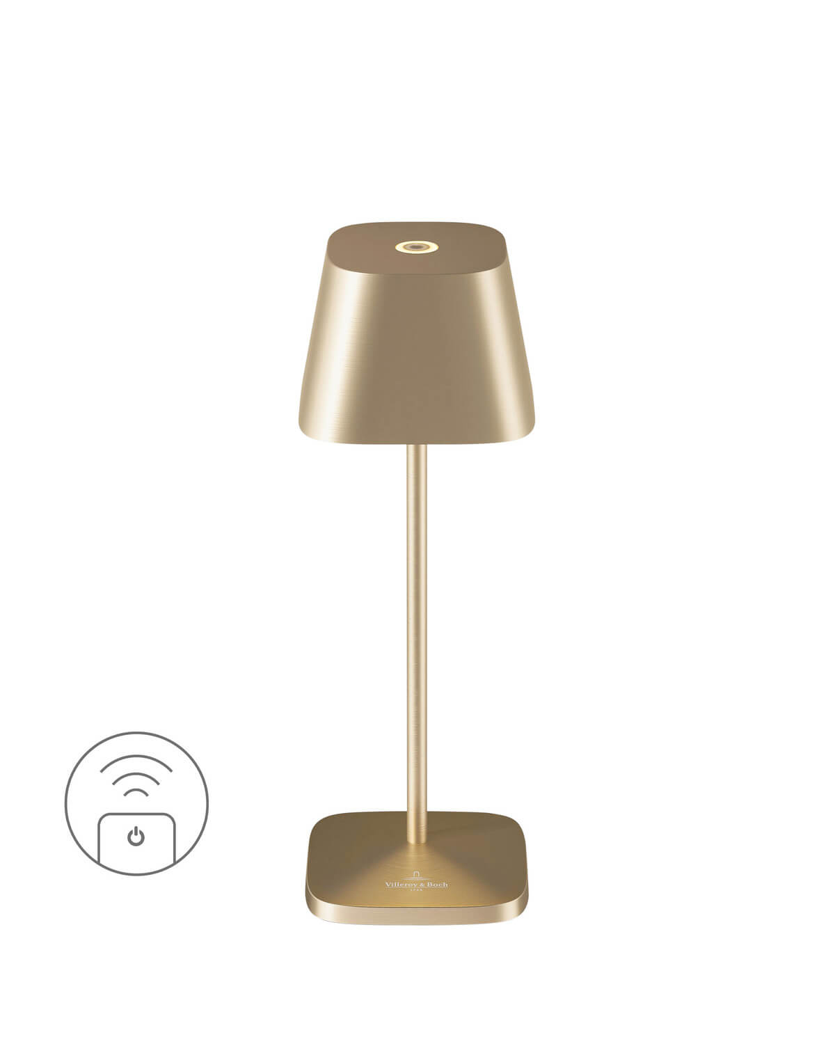 Lampe dorée de face avec icône de commande tactile sans fil.
