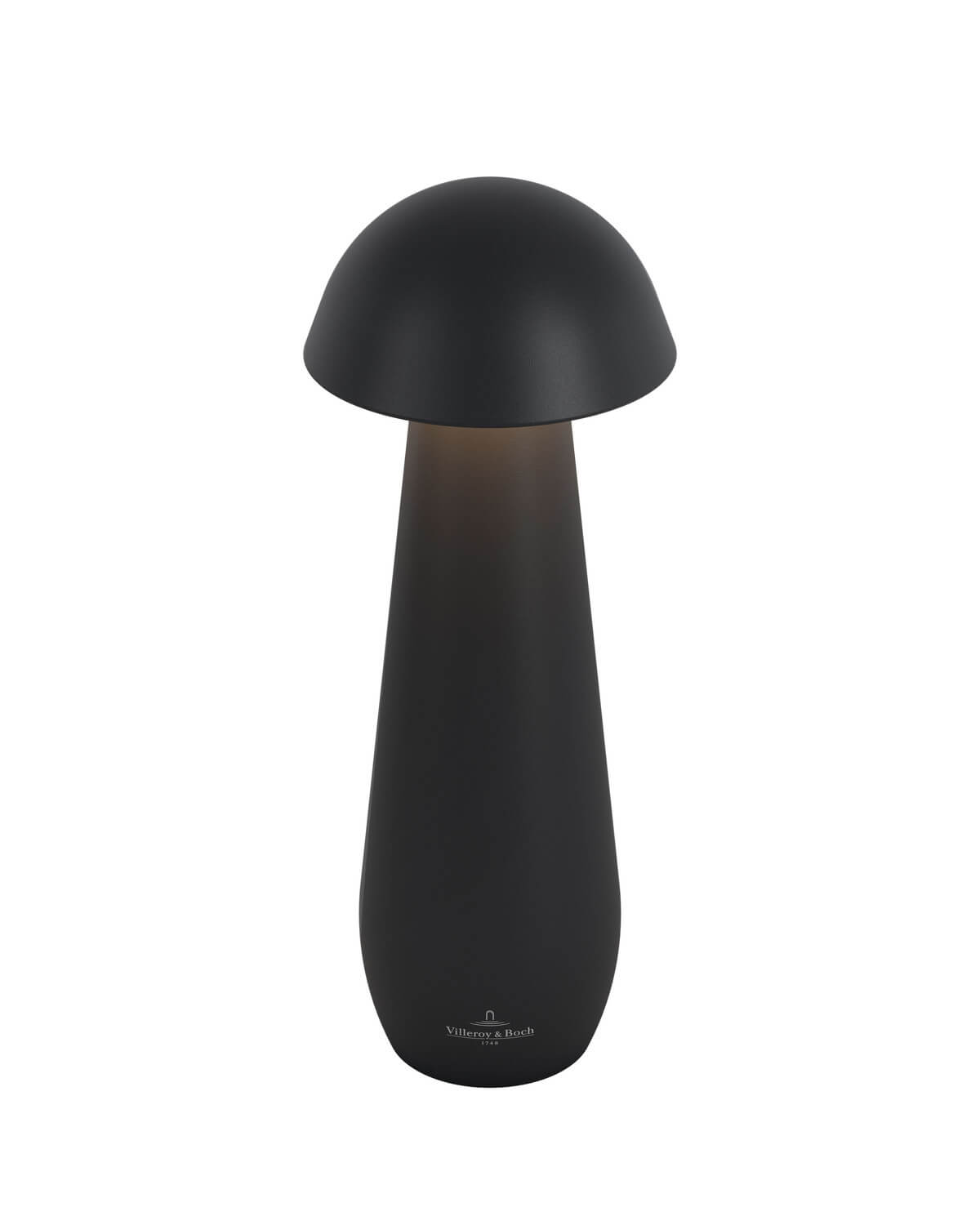Lampe extérieure noire de face, capot bombé et corps effilé.