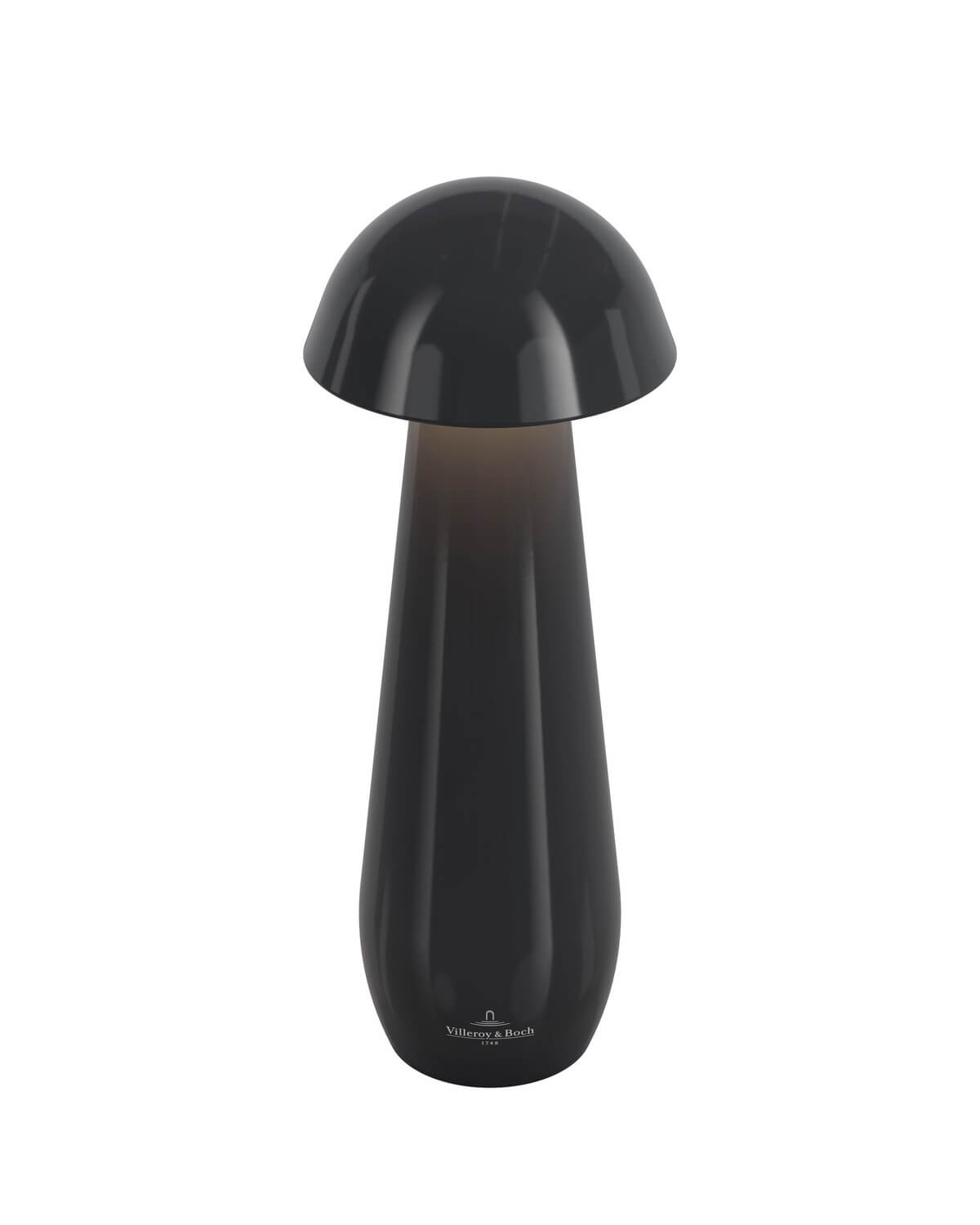 Vue de face du luminaire noir brillant, forme de champignon, sur fond blanc.