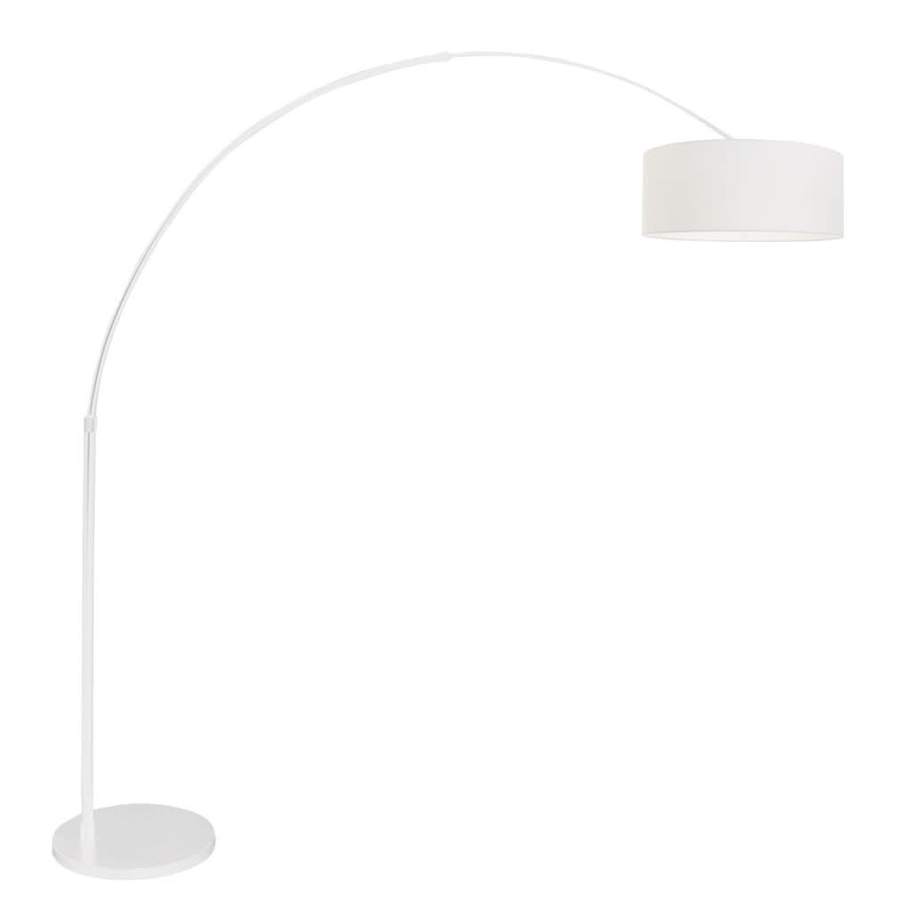 Lampe arquée blanche sur pied avec abat-jour cylindrique en lin, éteinte.