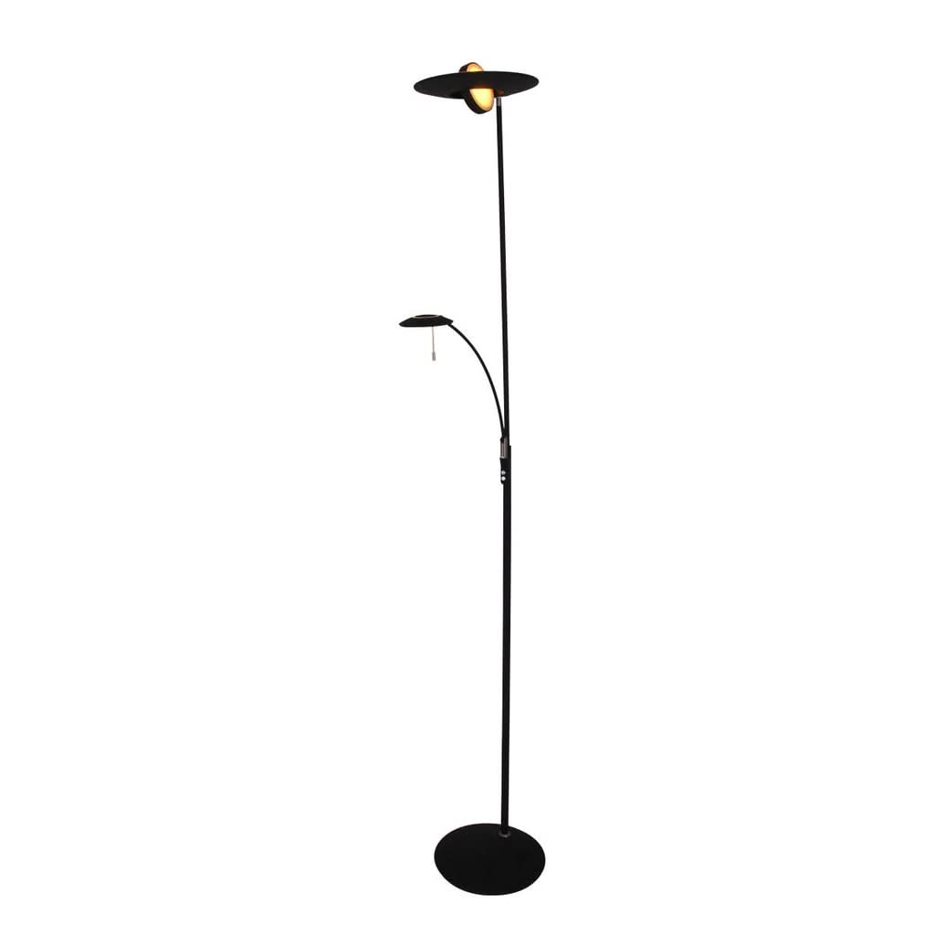 Vue de trois quarts du lampadaire allumé, halo chaud sous le disque supérieur.