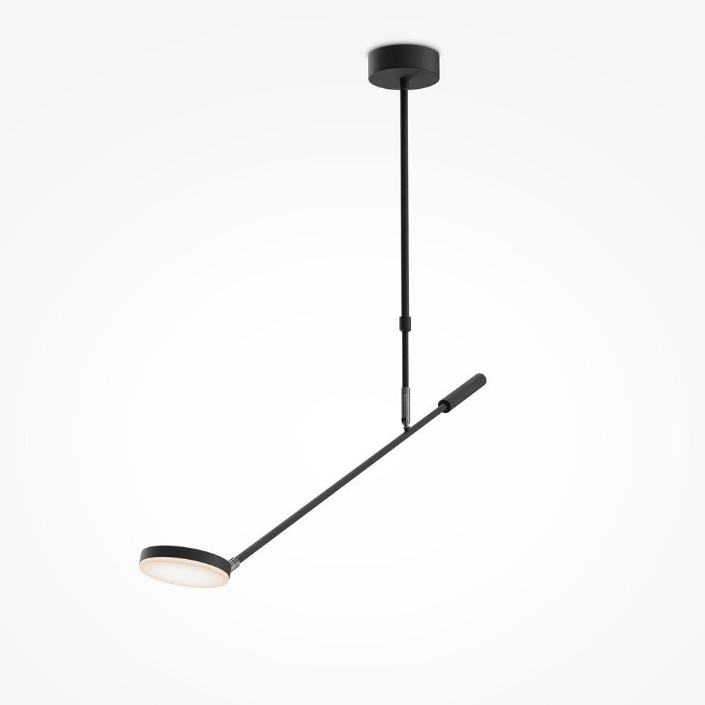 Luminaire suspendu noir de face avec bras incliné et diffuseur rond