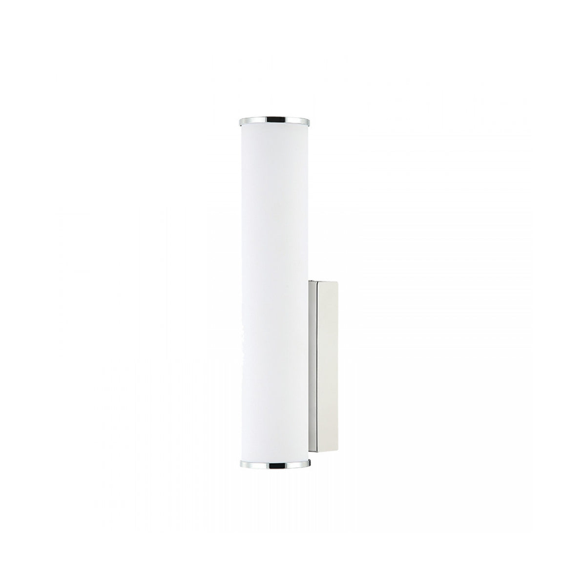 Applique cylindrique éteinte vue de face, diffuseur blanc et support chrome.