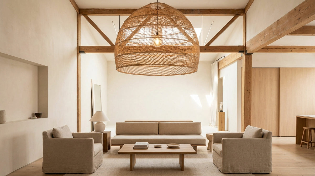 XXL rattan pendant light in a loft: how to integrate it without making the space feel heavy