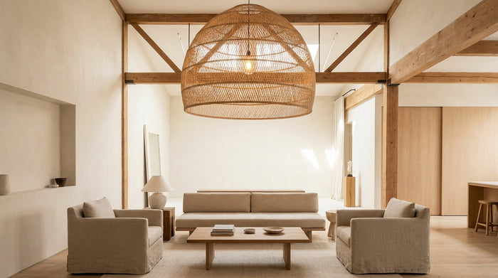 XXL rattan pendant light in a loft: how to integrate it without making the space feel heavy