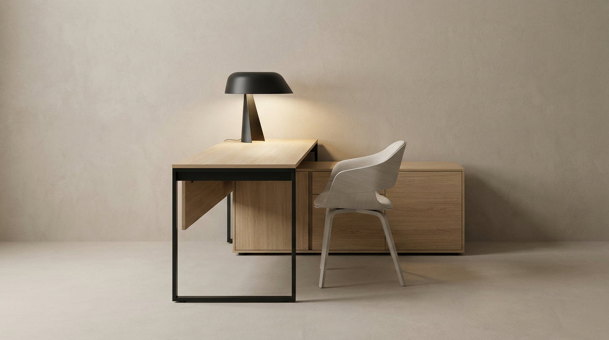 Student desk: the lamp, storage, and chair trio