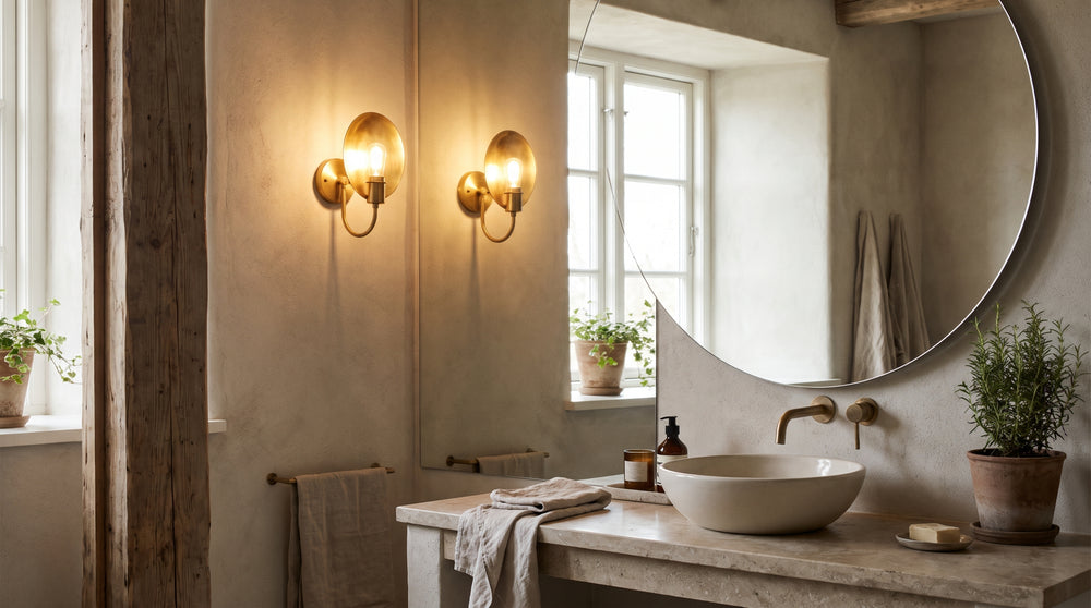 Gold-colored wall sconces for bathroom