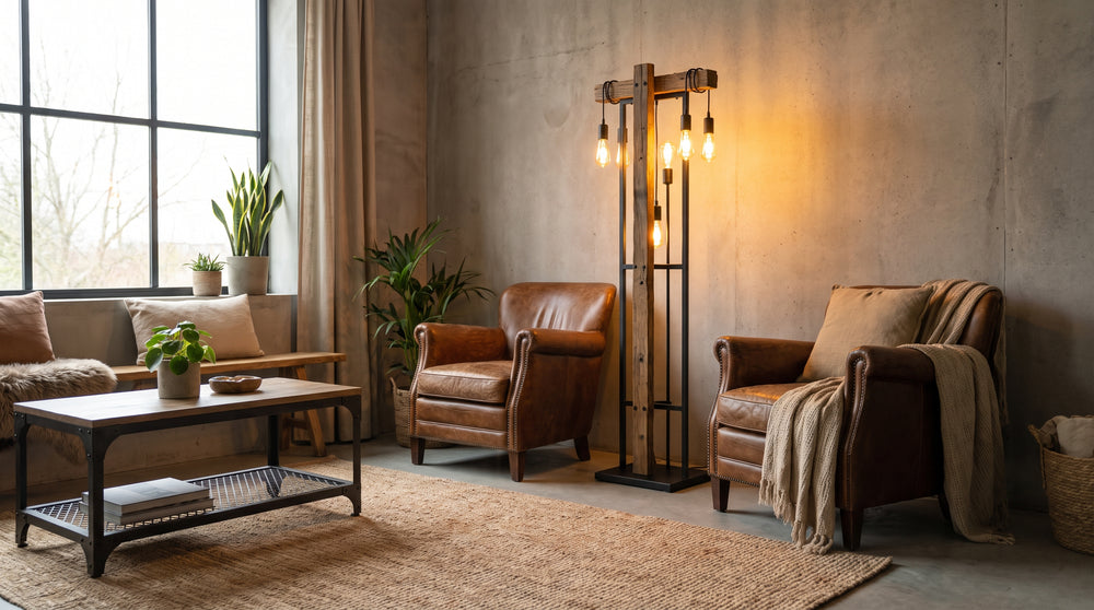 Industrial style wood and metal floor lamps