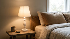 White wooden bedside table lamps
