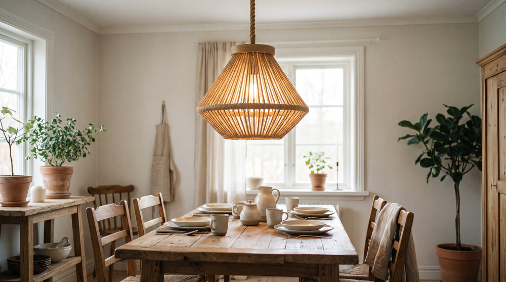Rope and wood pendant lights