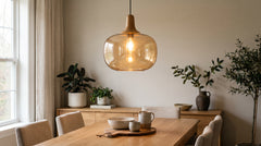 Glass and wood pendant lights