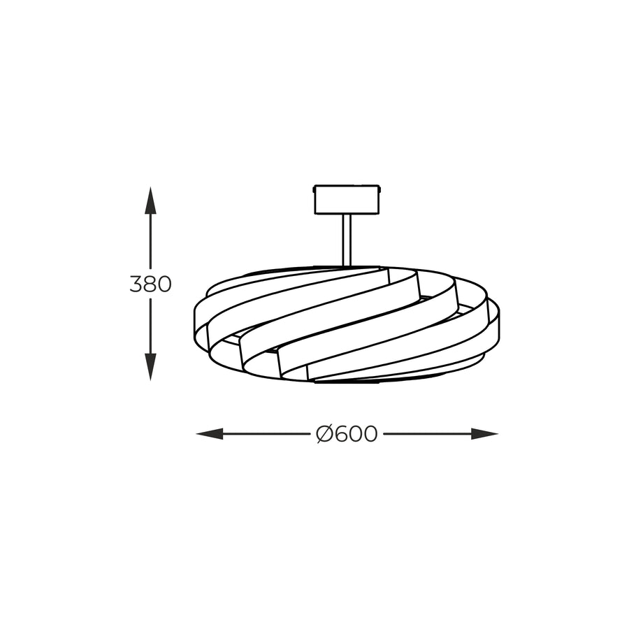 Schéma coté du luminaire : hauteur 380 mm et diamètre 600 mm avec fixation plafond