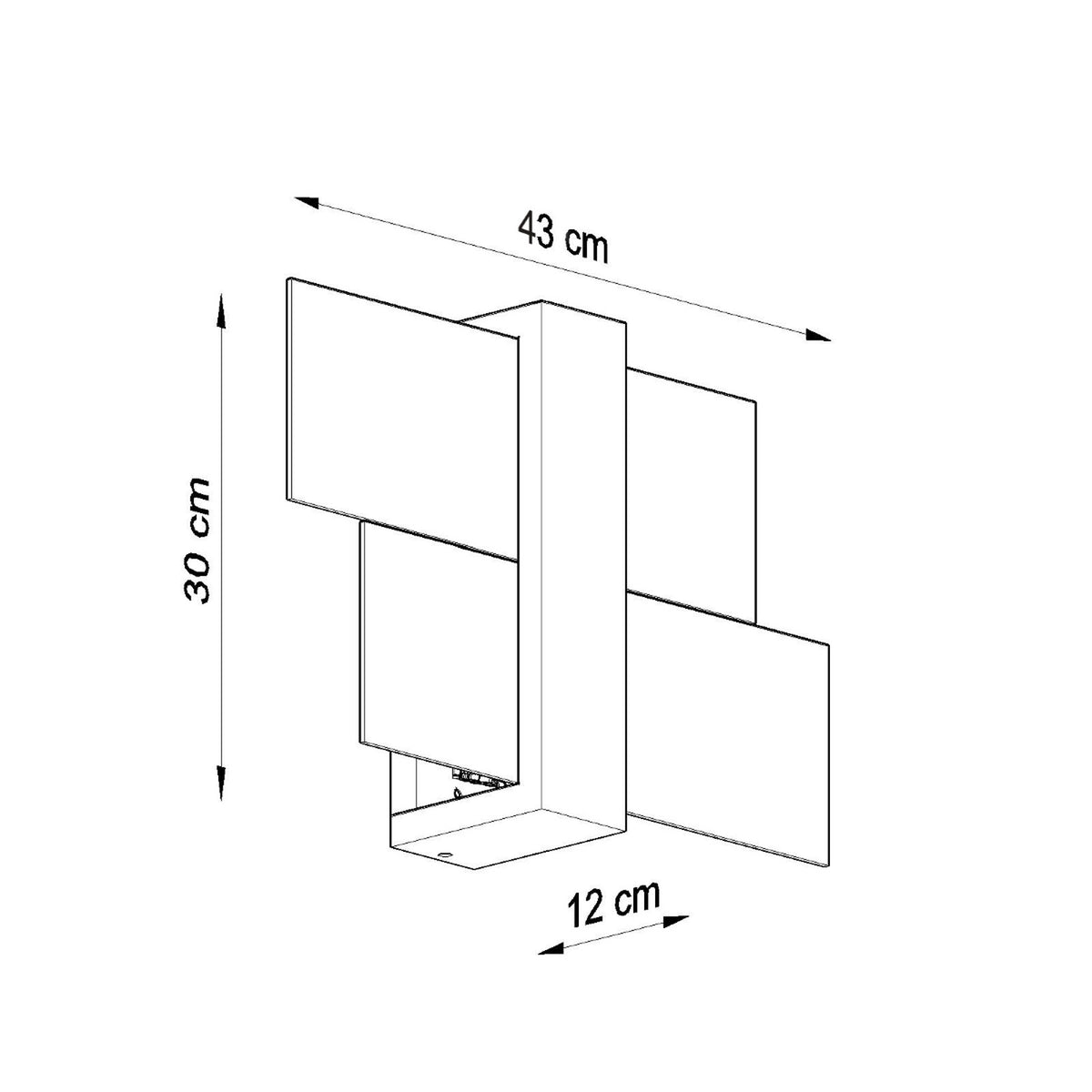 Schéma coté du luminaire indiquant 43 cm de large, 30 cm de haut, 12 cm de profondeur