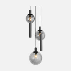 Smoked glass staircase pendant light, 3 globes + 2 spotlights, adjustable height | Bollique