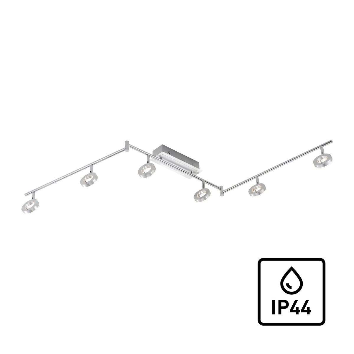 Produit de face sur fond blanc avec pictogramme IP44 indiquant résistance aux projections d'eau.