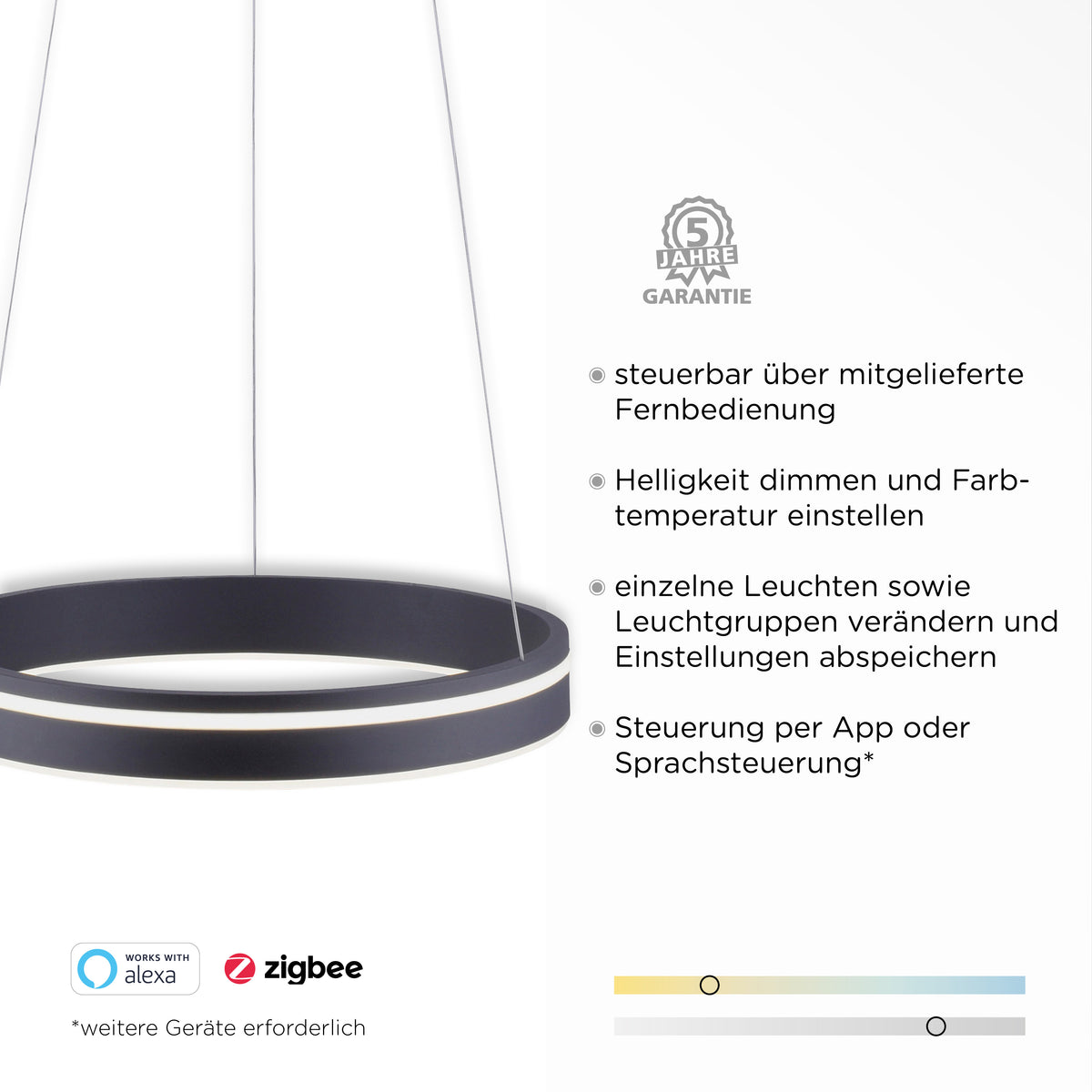Gros plan sur l'anneau anthracite et texte détaillant les fonctions domotiques compatibles.