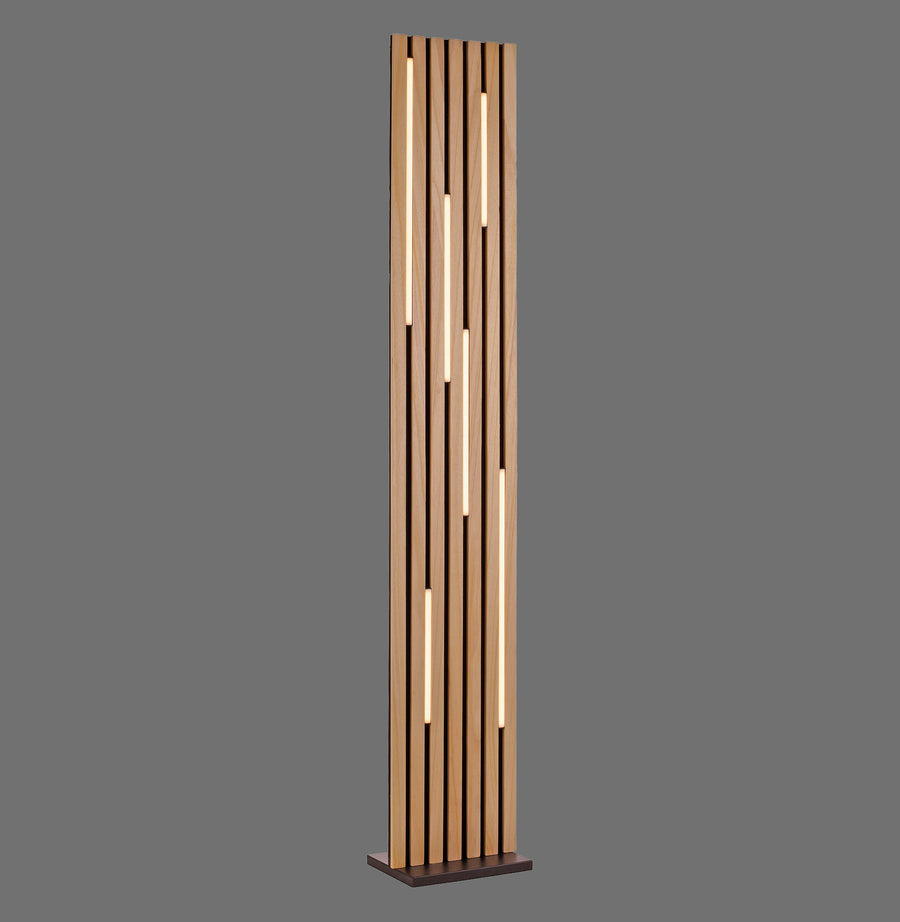 Lampadaire colonne en bois clair à lattes verticales, vu de face sur fond gris