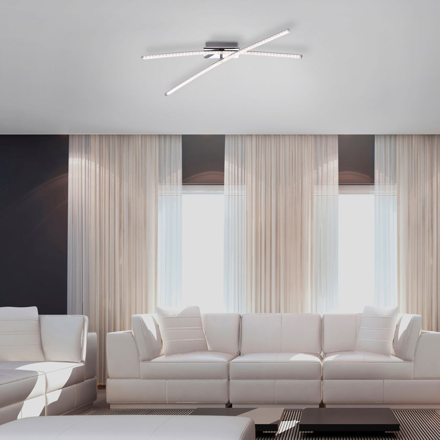 Plafonnier monté au plafond dans un salon contemporain avec canapé blanc et rideaux