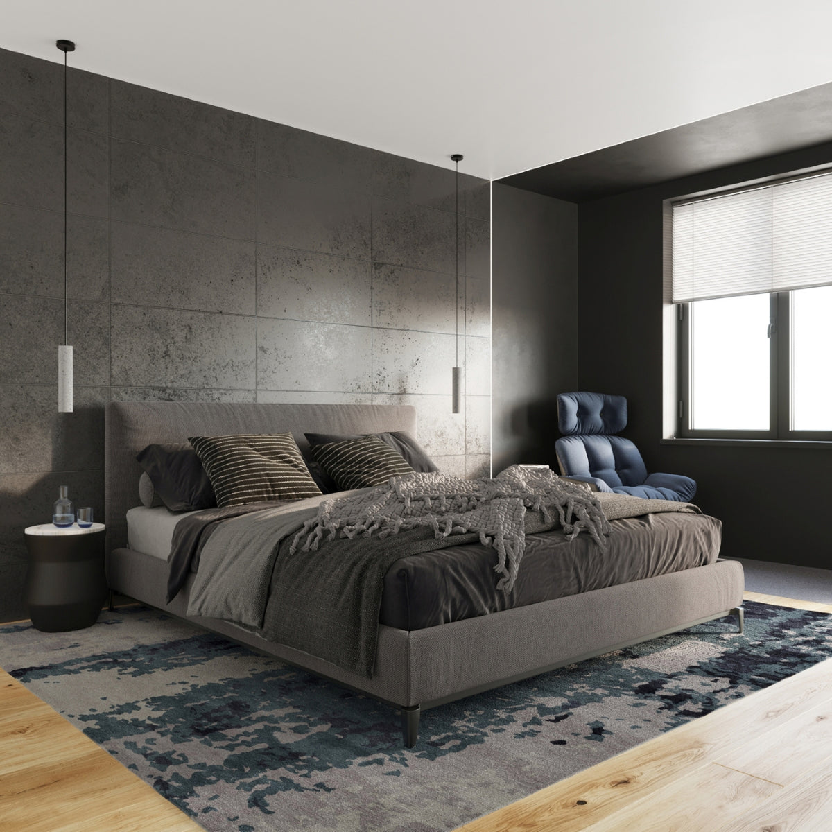 Mise en ambiance dans une chambre, suspensions de part et d'autre d'un lit gris