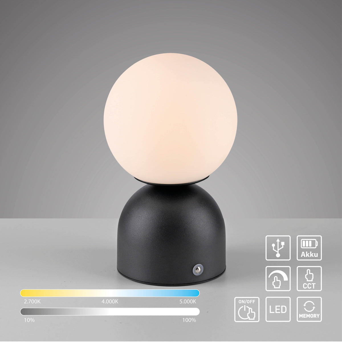 Visuel produit avec icônes USB, batterie, variateur et plage de température 2700 à 5000 K