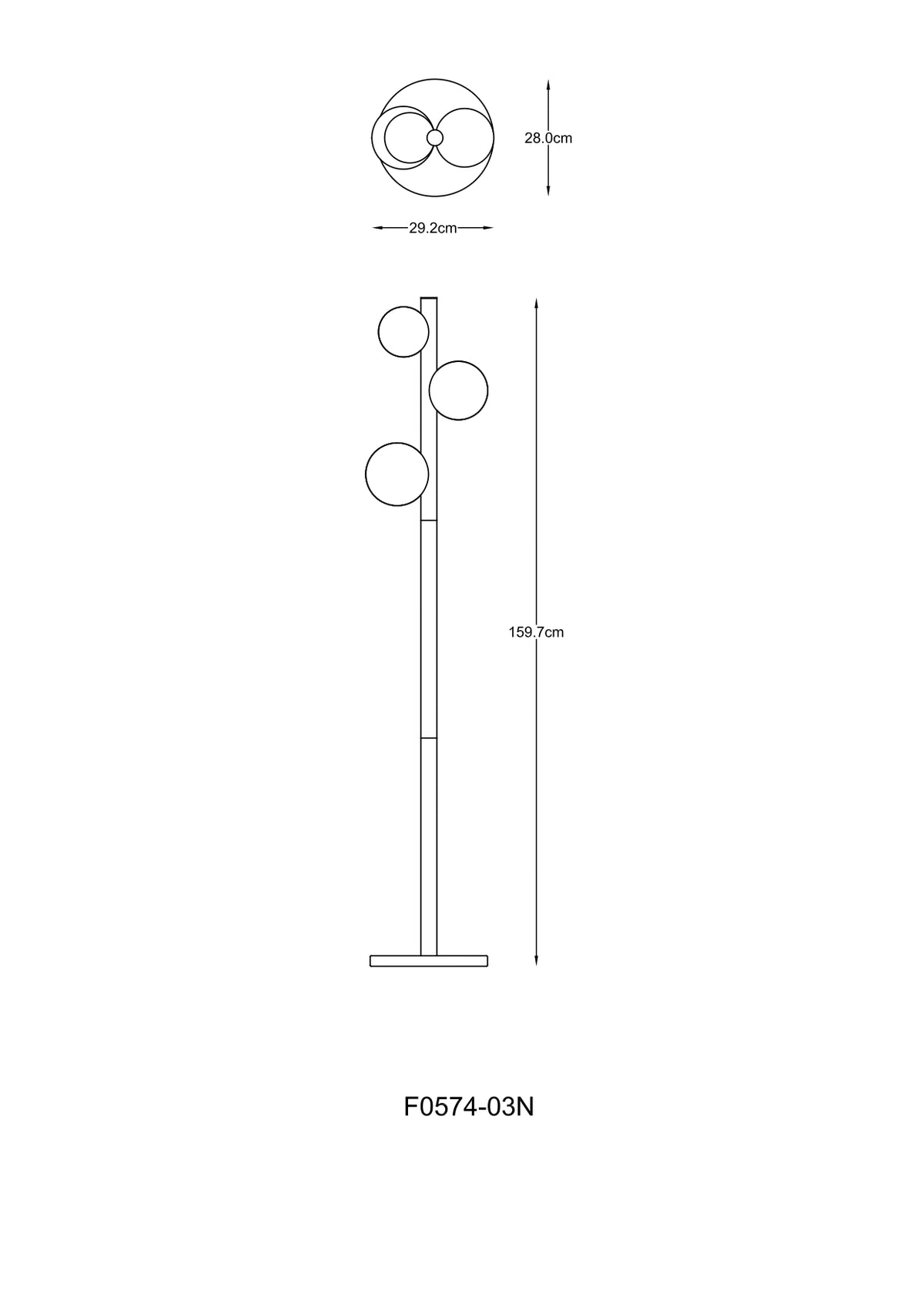 Schéma coté du lampadaire indiquant hauteur totale et diamètre de la base