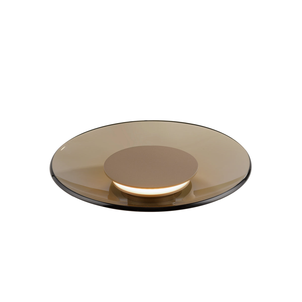 Vue de dessus du disque en verre ambré, montrant la base centrale et le bord transparent.