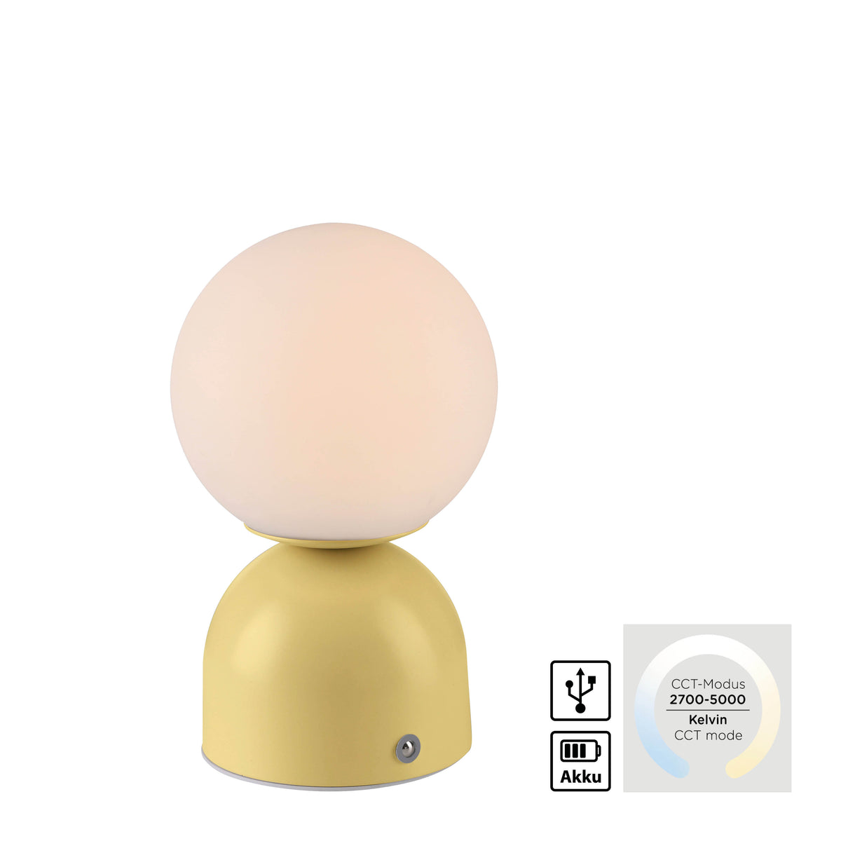 Lampe présentée avec icônes Akku et plage de température de couleur 2700 à 5000 kelvins