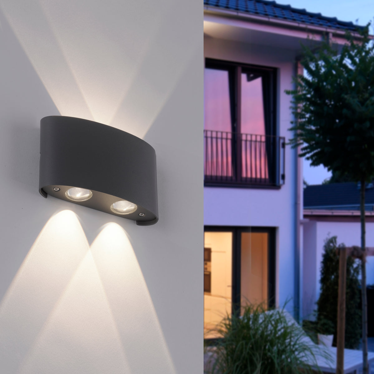 Mise en ambiance extérieure au crépuscule, faisceaux lumineux vers le haut et le bas