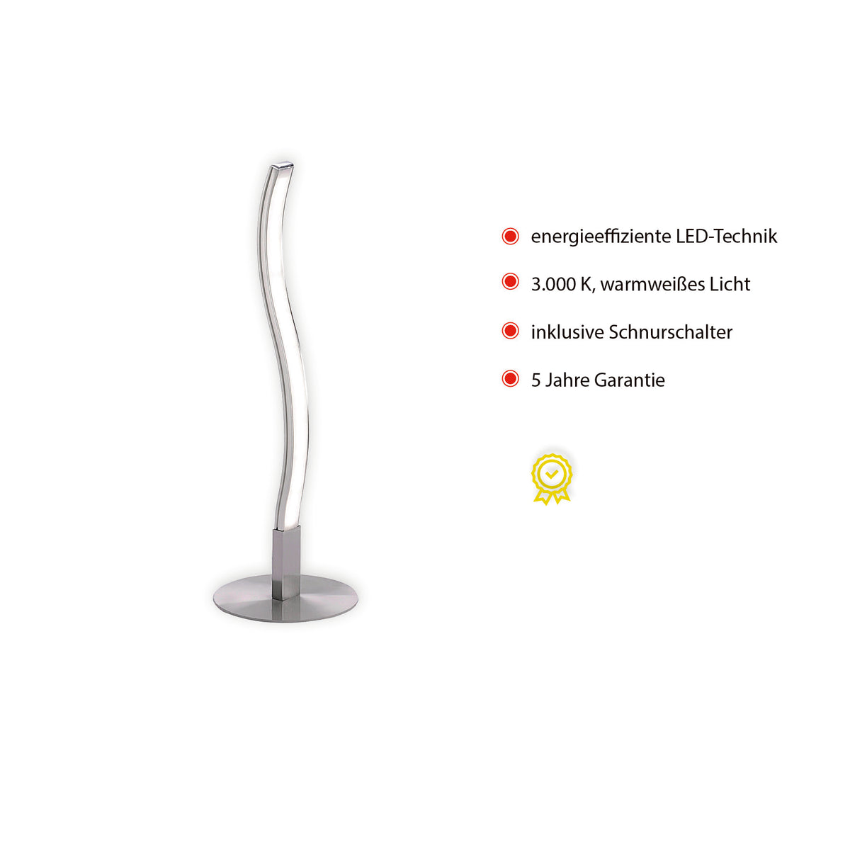 Visuel promotionnel de la lampe avec liste de caractéristiques LED en allemand et logo jaune.