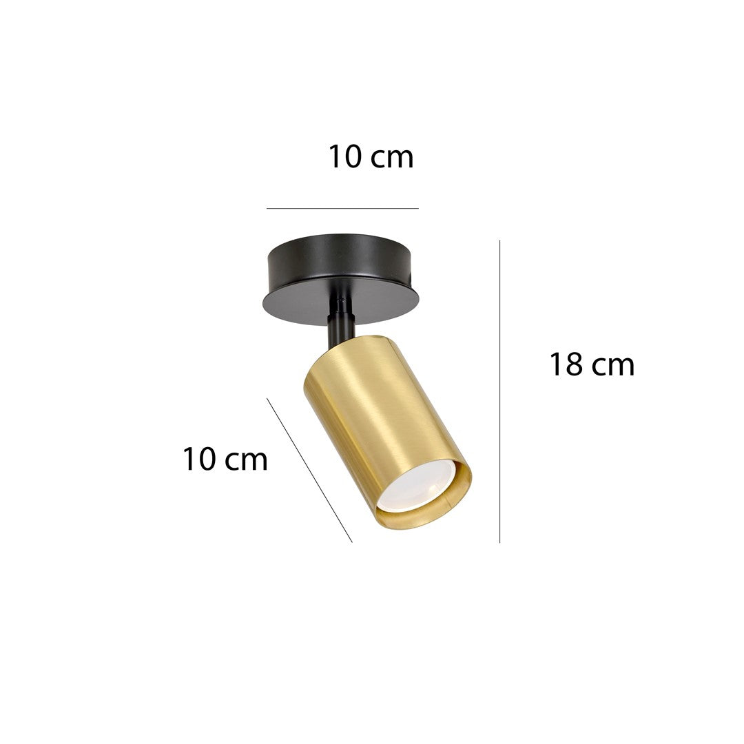 Schéma coté du luminaire : base 10 cm, hauteur 18 cm, tête 10 cm.